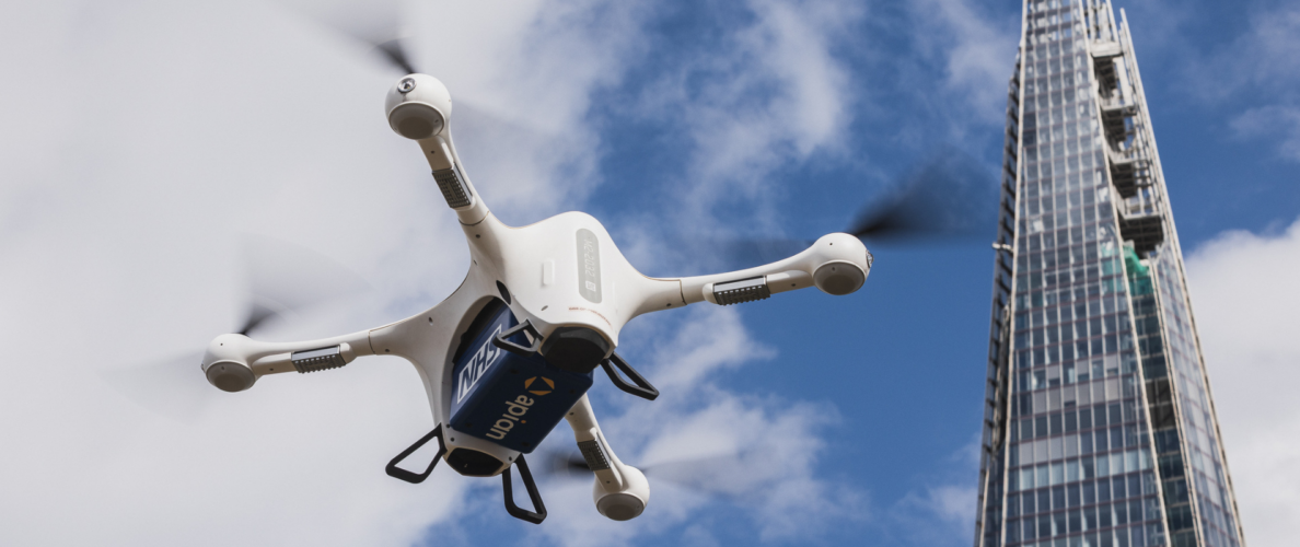 An Apian drone flying past the Shard